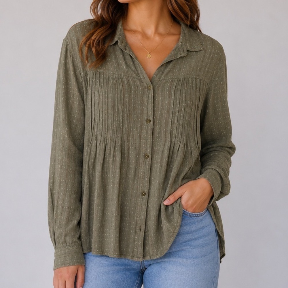 Hollister Women's S Olive Green Boho Pintuck Button Front Blouse 100% Viscose